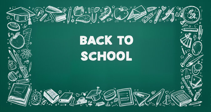 Teal green chalkboard back to school sale background with hand drawn education doodle frame
