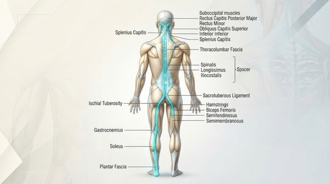 Human anatomy illustration shows the fascia connective tissue, myofascial structures, and key muscles related to body network and line tension