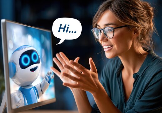 Woman video chatting with a friendly robot AI on a computer screen, smiling and engaged