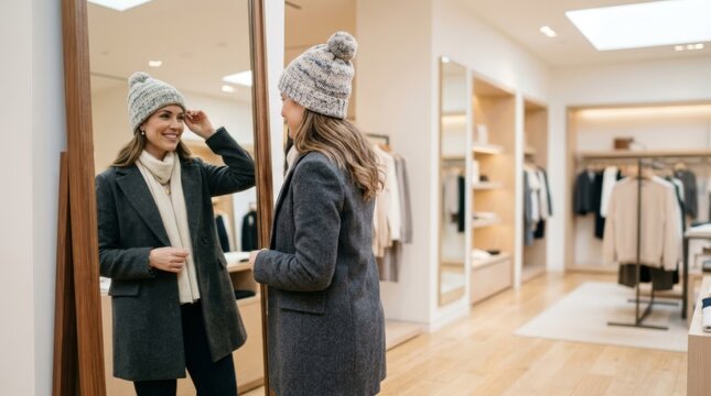 Woman trying on marled knit pompom hat in a bright department store, reflected in a full-length mirror