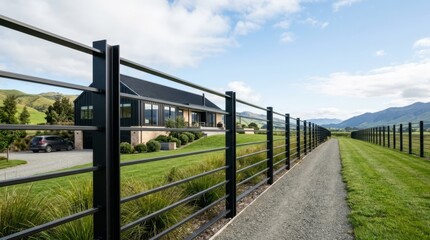 Fototapeta premium Modern fence lines lead to a contemporary country home with ample copy space for real estate marketing in bright daylight.
