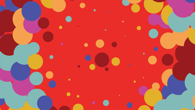Colorful polka dot pattern on solid red background featuring various circles of yellow blue pink and teal for playful graphic design layout.