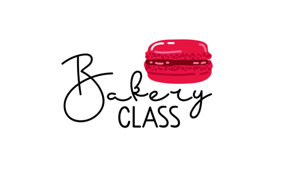 Bakery class logo. Hand-drawn lettering and red macaron.