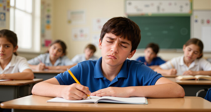 Bored elementary school student daydreaming in class
