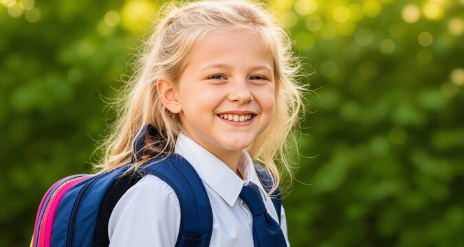 Portrait of a Little Girl Going Back to School . Child wearing a backpack ready for the first day of kindergarten
