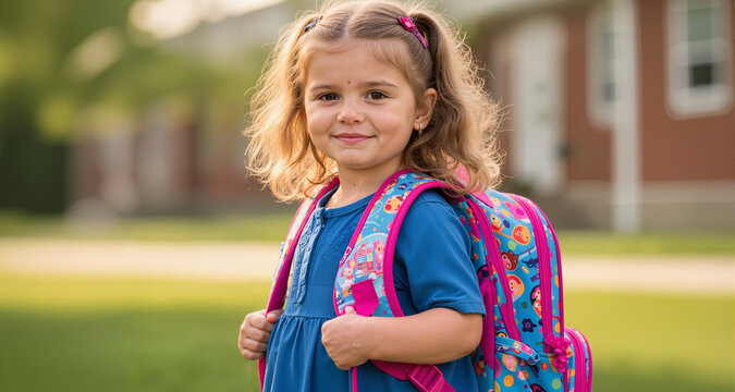 Portrait of smiling young girl with backpack outdoors. Happy blonde student in school uniform against blurred green background. Back to school concept
