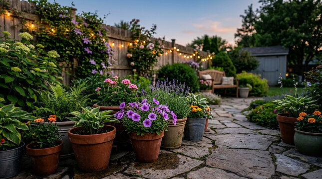 Charming backyard patio garden with string lights illuminating colorful potted plants at dusk