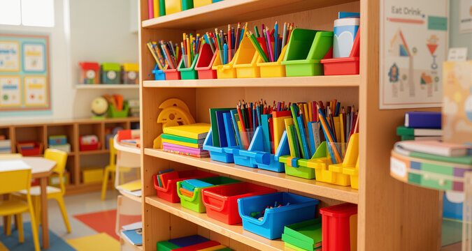 Colorful school supplies organized on wooden shelves in a bright classroom setting
