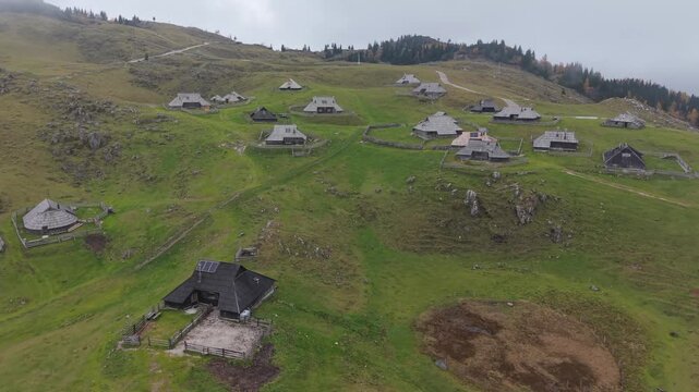 Aerial perspective of the historic herders' village on Velika Planina in the Kamnik Savinja Alps, a unique alpine pasture in Slovenia