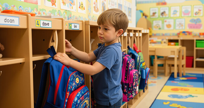 Young boy hanging backpack in kindergarten classroom cubby area
