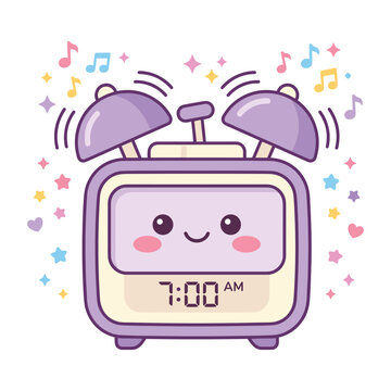 Cute purple kawaii alarm clock ringing at seven am