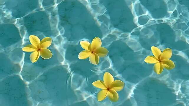 Summer hot vibe lifestyle. A vivid, topdown view of a swimming pool reveals clear, turquoise water with ripples. Three bright yellow frangipani flowers float gracefully in the water.