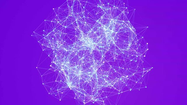Dynamic Digital Neural Network Web with Glowing White Nodes on a Vibrant Purple Background Surface