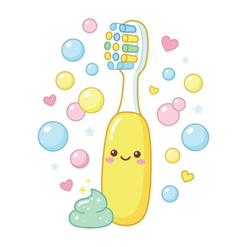 Cute yellow toothbrush character with bubbles and mint toothpaste