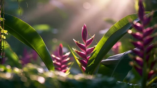 Summer hot vibe lifestyle. A vivid, sunlit photograph captures a tropical scene. The main subject is a closeup of a vibrant pink heliconia flower with elongated, pointed petals.