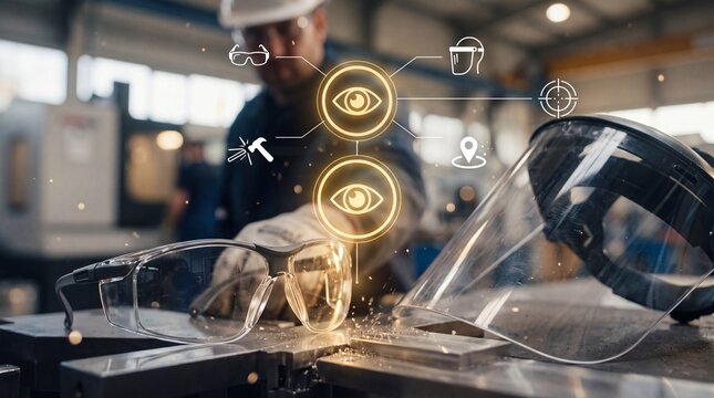 Protective safety glasses and face shield on metal workbench with digital icons with protective eyewear resting workbench glowing icons background manufacturing protection laboratory