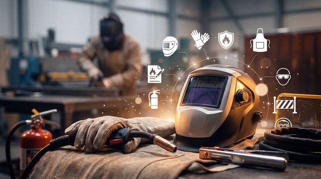 Industrial welding safety gear helmet gloves protection equipment icons workshop manufacturing metalworking workplace metal fabrication environment with floating above professional