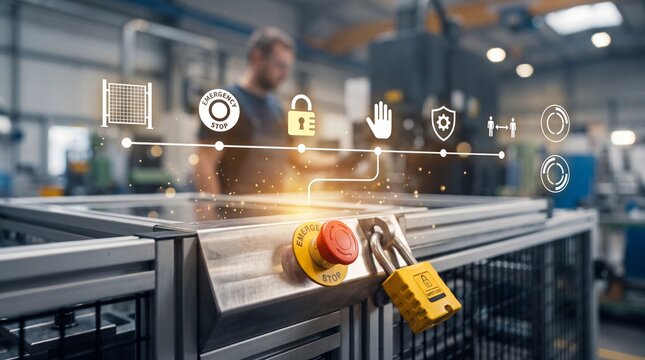 Industrial safety concept with emergency stop button with button padlock digital safety icons factory digitalization visualization illustration maintenance protection production with machine