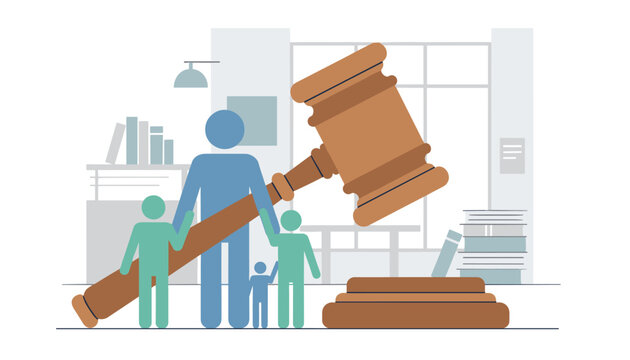 Child custody and family law legal proceedings are represented by a large wooden judge gavel protecting three children with a parent.