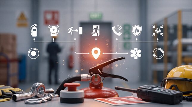 Industrial workplace safety equipment management dashboard with displays essential industrial safety gear emergency response tools arranged table glowing digital interface dashboard
