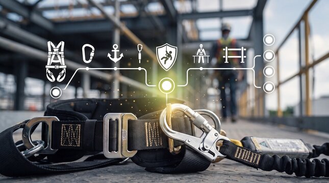 Industrial safety equipment with digital icons representing workplace protection protocols with safety harnesses carabiners carabiners metal walkway displays black safety infrastructure