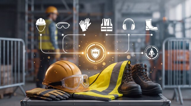 Personal protective equipment collection with digital safety icons with equipment including helmet displays personal safety graphics boots digital infrastructure manufacturing with shielding