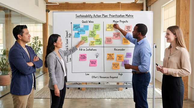 Diverse business team developing a sustainability action plan by prioritizing environmental initiatives on a whiteboard matrix based on impact and required effort