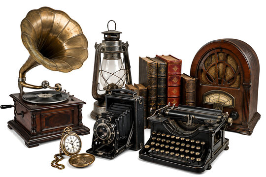 Collection of retro vintage objects including gramophone typewriter camera and radio isolated on white