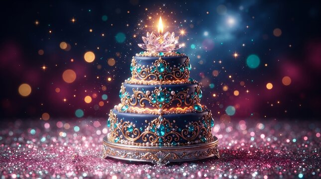 Birthday Cake with Gems and Glowing Lotus Candle light, Luxury Glowing Jewel