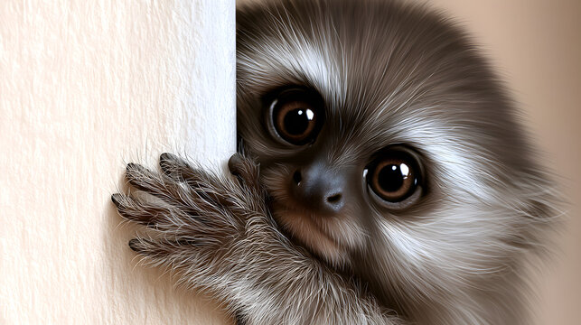 Cute Tiny Monkey Peeking Around Wall with Big Curious Eyes
