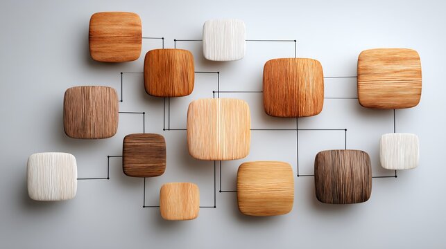 Abstract 3d network mind map with wooden and white ribbed blocks connected by thin black lines on white wall, organization chart concept