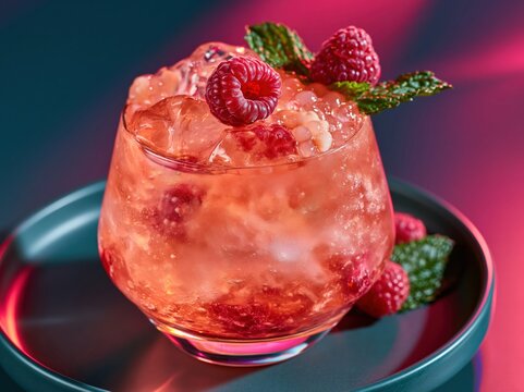 Refreshing raspberry cocktail with ice and mint garnish on a dark plate