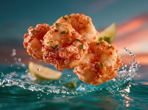 Crispy fried calamari rings with lemon and parsley in splashing water