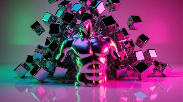 Shiny metallic torso sculpture stands in scattered chrome cubes. Vibrant neon pink and teal lights create futuristic abstract scene. Abstract art, digital render, geometric forms, and intense colors.