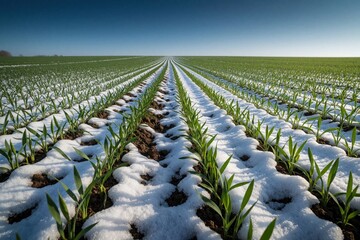 Fototapeta premium Young wheat sprouts grow in snowy field rows under clear blue sky. Green plants emerge from frozen ground, showing agricultural resilience. Cold season farming starts in rural landscape.