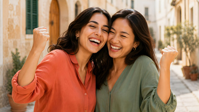 Two women laughing and raising their fists celebrate together on a sunny pedestrian street during an upbeat travel moment.