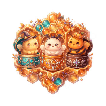 Cute Kawaii  Halloween Bumble Bees in Golden Honeycomb Jewel Boxes Bee Clipart, Kawaii Witch Bee, png