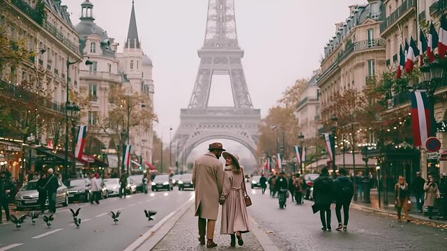 Paris, France, Europe. A vivid portrayal of a Parisian street scene, captured in a cinematic style. The main subject is the Eiffel Tower, the focal point of the image.