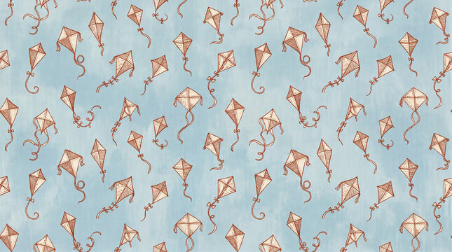 Seamless pattern of hand drawn flying kites with ribbons on light blue background for nursery wallpaper design
