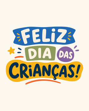 Lettering Vetorial Infantil Dia das Crian&ccedil;as Colorido em Azul, Amarelo, Verde, Roxo e Coral com Formas Decorativas
