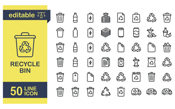 Recycle bin trash line icon set featuring eco friendly waste disposal symbols for green environment.