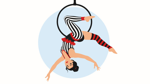 Circus acrobat girl in striped costume performs aerial hoop routine upside down