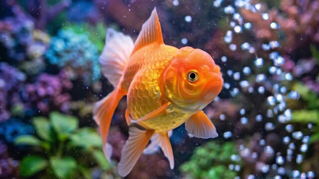 Slow motion tracking shot of goldfish swimming and turning among planted aquarium coral and bubbles, closeup indoor view showing shimmering orange scales and calm mood