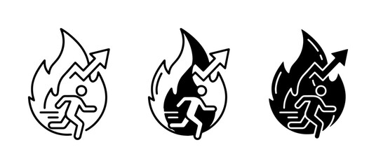 Fototapeta premium Running Figure in Fire with Upward Arrow, Crisis Escape, Business Growth Icons