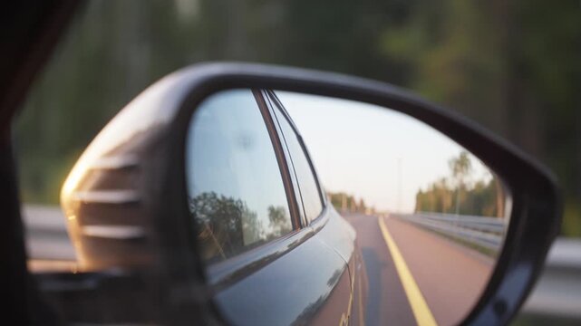 Rear view through side mirror shows open highway trailing behind vehicle, with blurred bodywork, yellow center line, guardrail, trees, and soft golden daylight, creating calm road trip mood