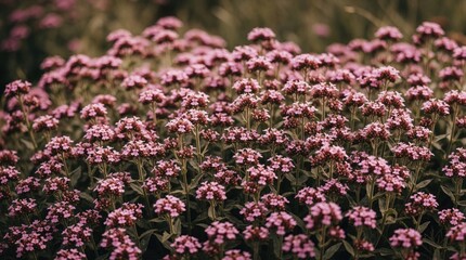 Obraz premium Close up of dense pink perennial flowers in garden. Small blooming blossoms grow in rich flowerbed. Beautiful floral arrangement shows vivid colors in nature. Perennial plants create soft texture for
