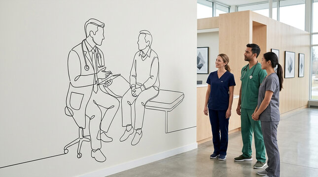 Medical professionals observe a continuous line art drawing of a doctor talking to a patient