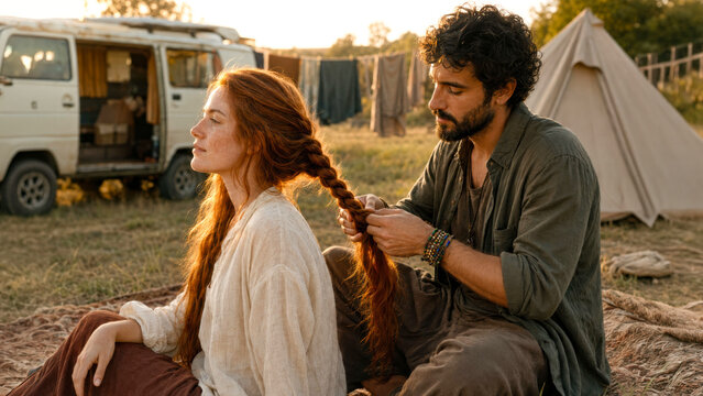 Boho Man Braiding His Partner&rsquo;s Long Red Hair at Community Campsite