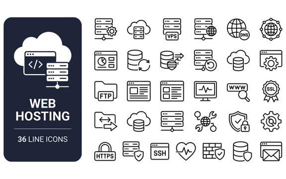 Web hosting service outline icon set featuring server network cloud data storage and security symbols.