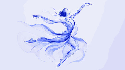 Fototapeta premium Elegant dancer in flowing blue lines captures a moment of graceful movement